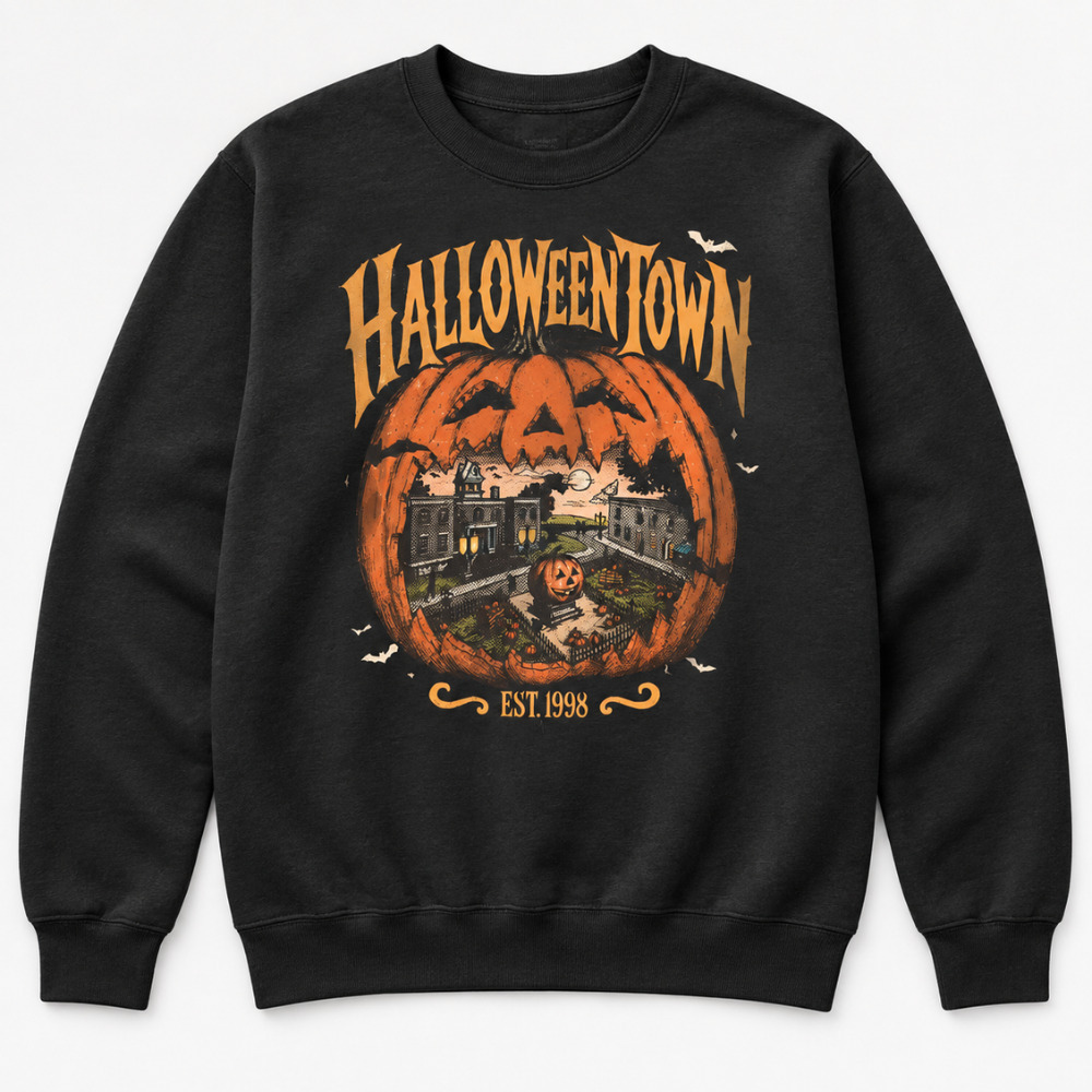Halloweentown Est. 1998 Pumpkin Townscape Bats Vintage Black Sweatshirt